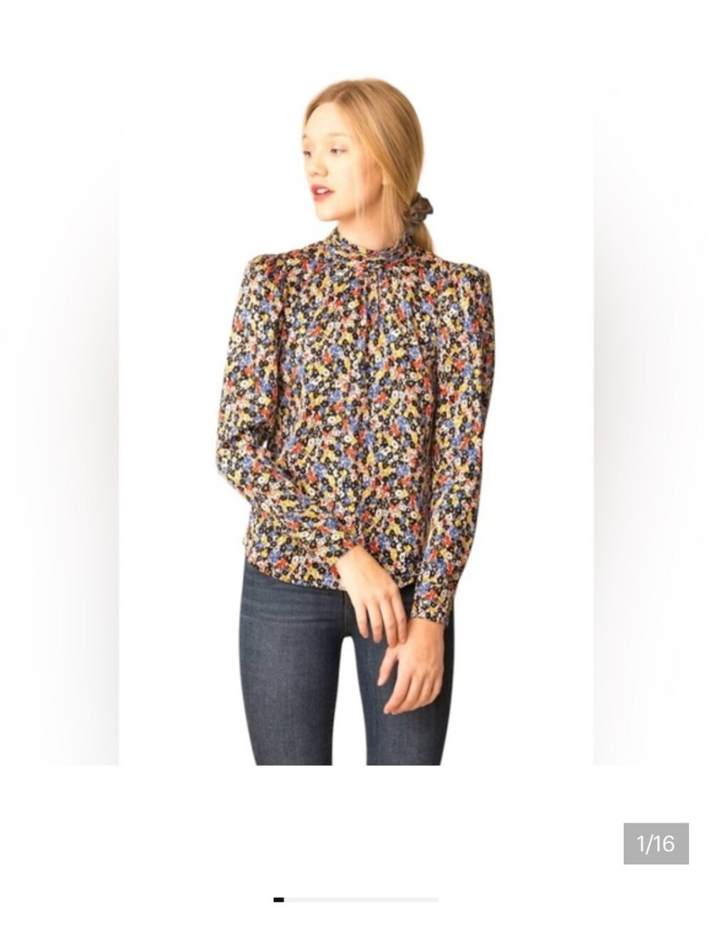Veronica Beard Boho Feminine Silk Floral High Neck Tie Long Puff Sleeve Blouse